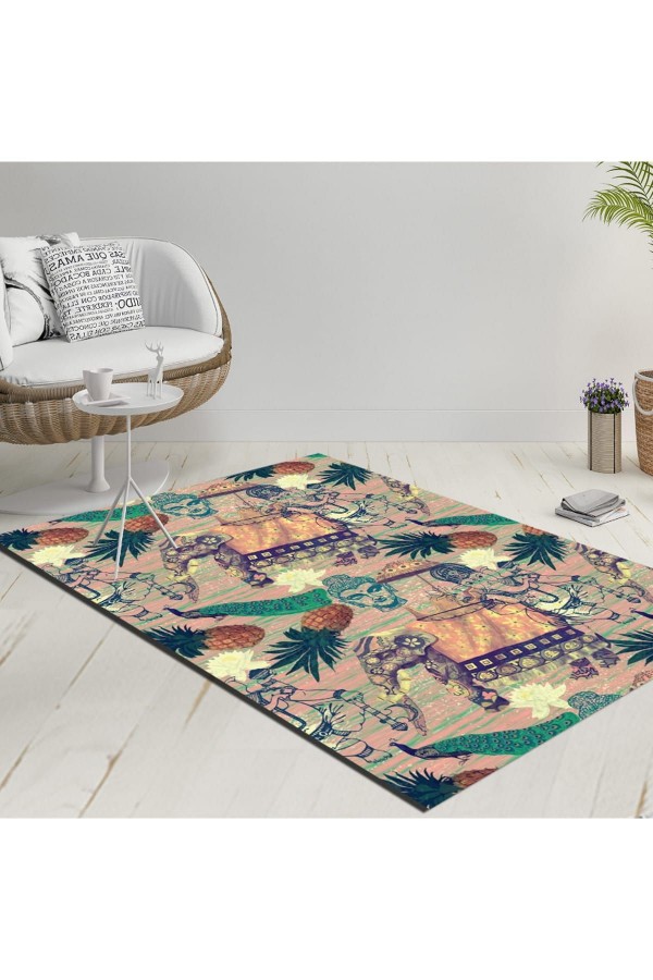 Else Gri Yeşil Pembe Tropikal Kabile Dekoratif Modern  Yıkanabilir  Ince Kilim Halı