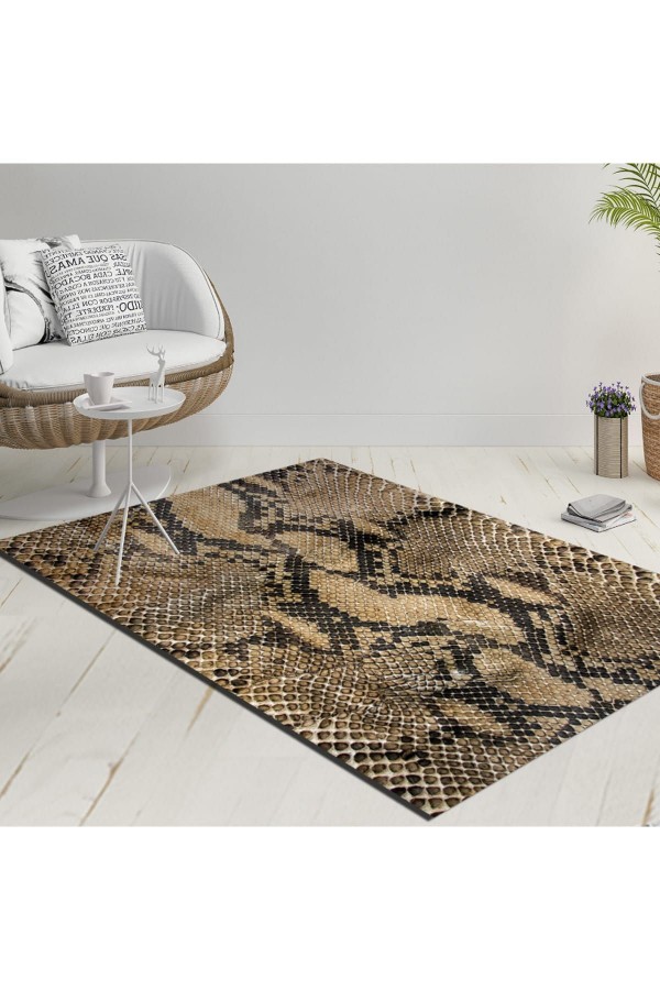 Else Kahverengi Siyah Sarı Yılan Desen Dekoratif Modern  Yıkanabilir  Ince Kilim Halı