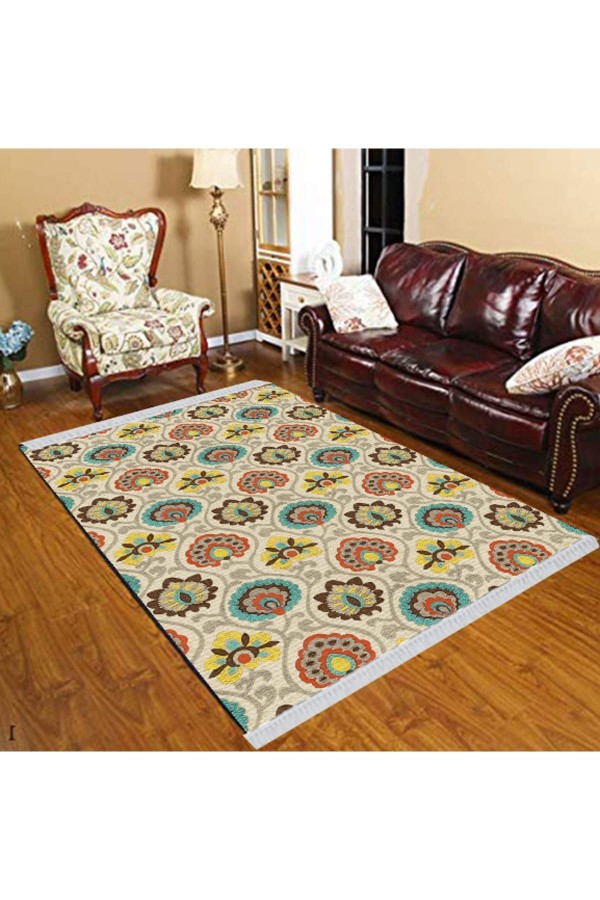 Else Sarı Yeşil Kahverengi Osmanlı Çiçek Desenli Dekoratif  Yıkanabilir Püsküllü Kilim