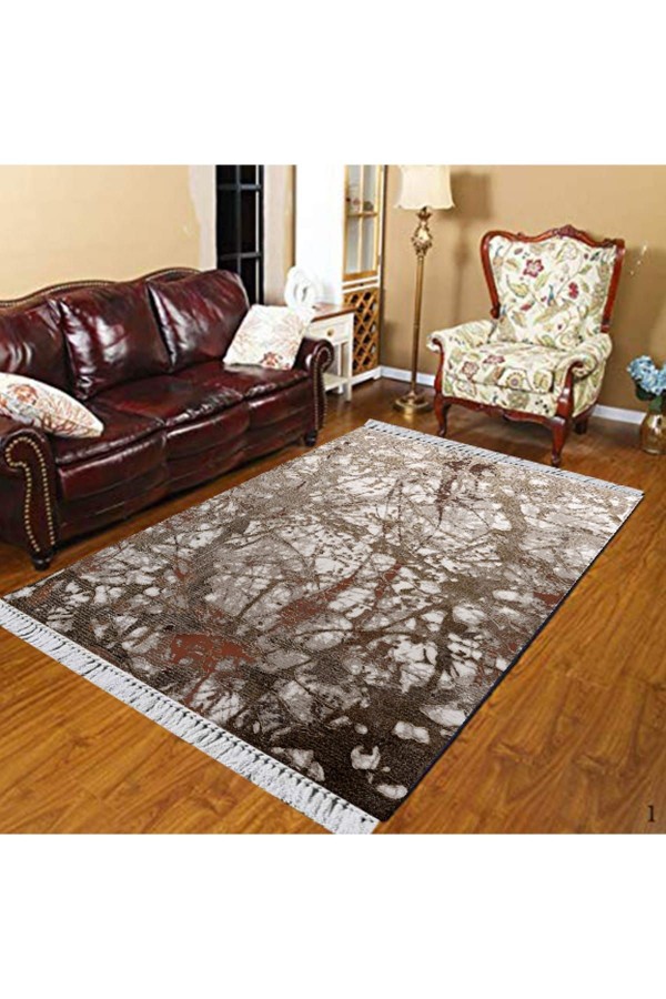 Else Kahverengi Gri Karışık Çizgiler Modern Dekoratif  Yıkanabilir Saçaklı Ince Kilim Halı