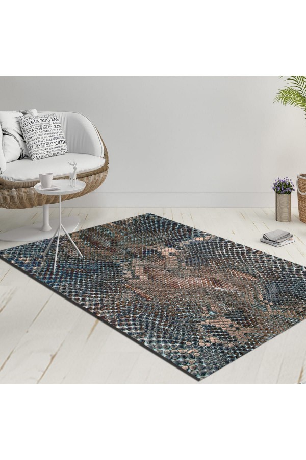 Else Lacivert Kahverengi Yılan Derisi Dekoratif Modern  Yıkanabilir  Ince Kilim Halı