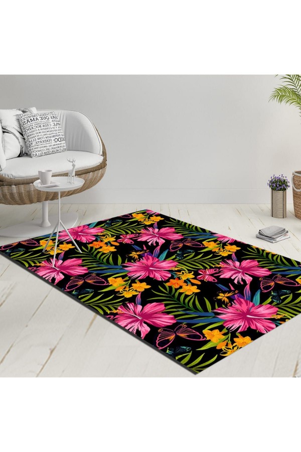 Else Yeşil Yaprak Pembe Sarı Çiçekler Dekoratif Modern  Yıkanabilir  Ince Kilim Halı