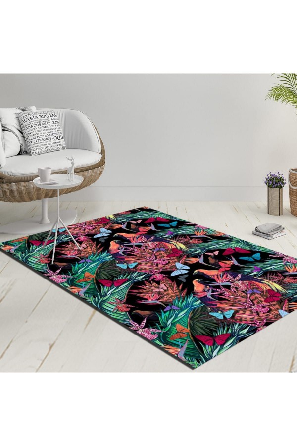 Else Tropik Çiçekler Kuşlar Siyah Zemin Dekoratif Modern Yıkanabilir Ince Kilim Halı Else Tropik Çiçekler Kuşlar Siyah Zemin Dekoratif Modern Yıkanabilir Ince Kilim Halı