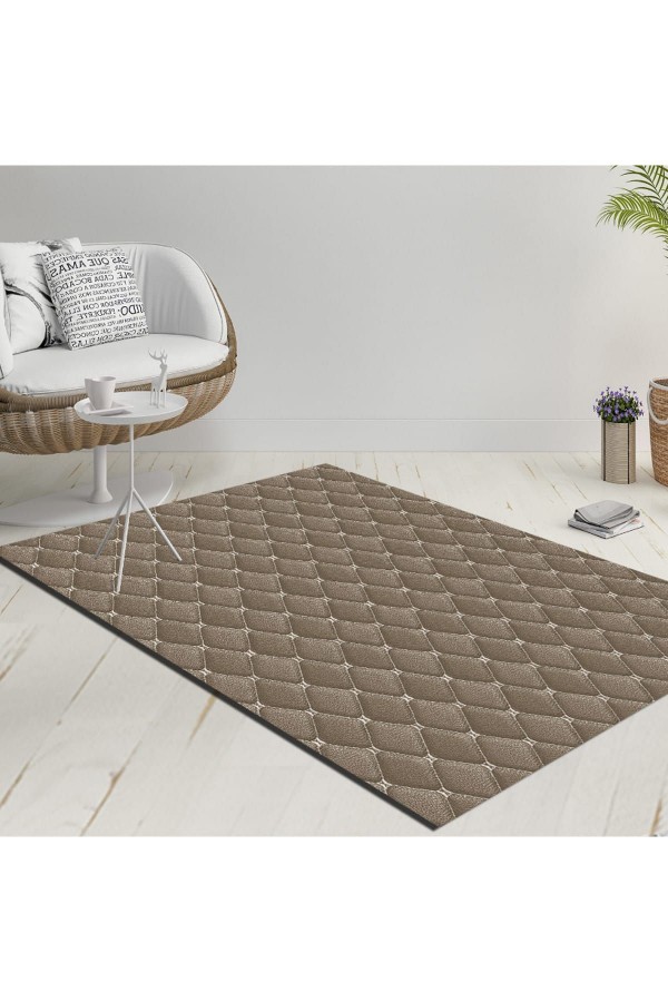 Else Kahverengi Ogee Geometrik Dekoratif Modern  Yıkanabilir  Ince Kilim Halı