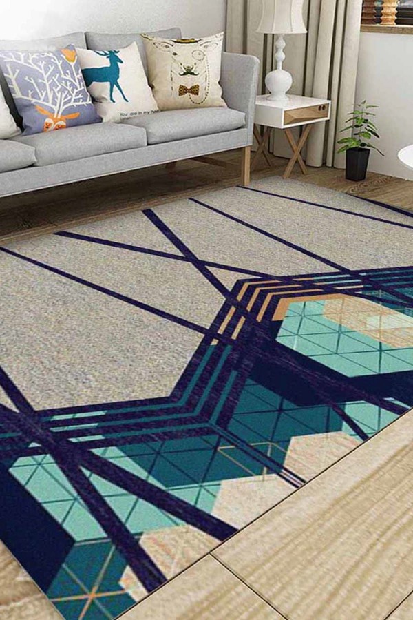 Else Mavi Turkuaz Krem Geometrik 3D Dekoratif Modern Desenli Halı Else Mavi Turkuaz Krem Geometrik 3D Dekoratif Modern Desenli Halı