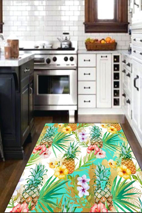 Else Ananas Meyveler Çiçekli 3D Desenli Modern Mutfak Halisi Else Ananas Meyveler Çiçekli 3D Desenli Modern Mutfak Halisi