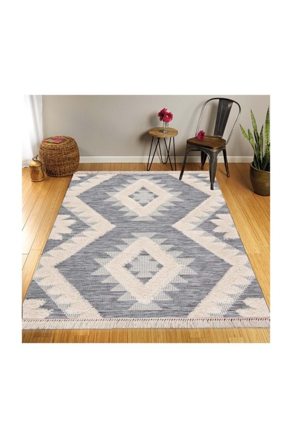 Retro Şönil Desenli Modern Püsküllü Kilim Halı 17 cm Retro Şönil Desenli Modern Püsküllü Kilim Halı 17 cm