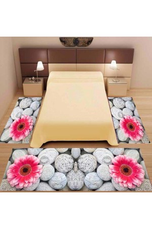3Lu Set Else Pembe Çiçekli 3D 3 Boyutlu Yatak Odasi Halisi 3 Lü Seti