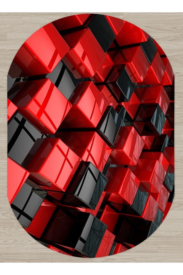 Else Kirmizi Kutular Dekoratif Salon Banyo Baskili 3D Dekoratif Oval Hali Else Kirmizi Kutular Dekoratif Salon Banyo Baskili 3D Dekoratif Oval Hali