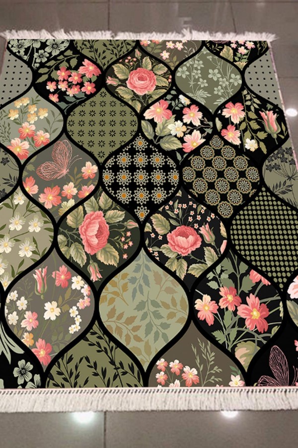 Else Çiçekli Patchwork Modern Dekoratif 3D Dokuma Şönil Hali